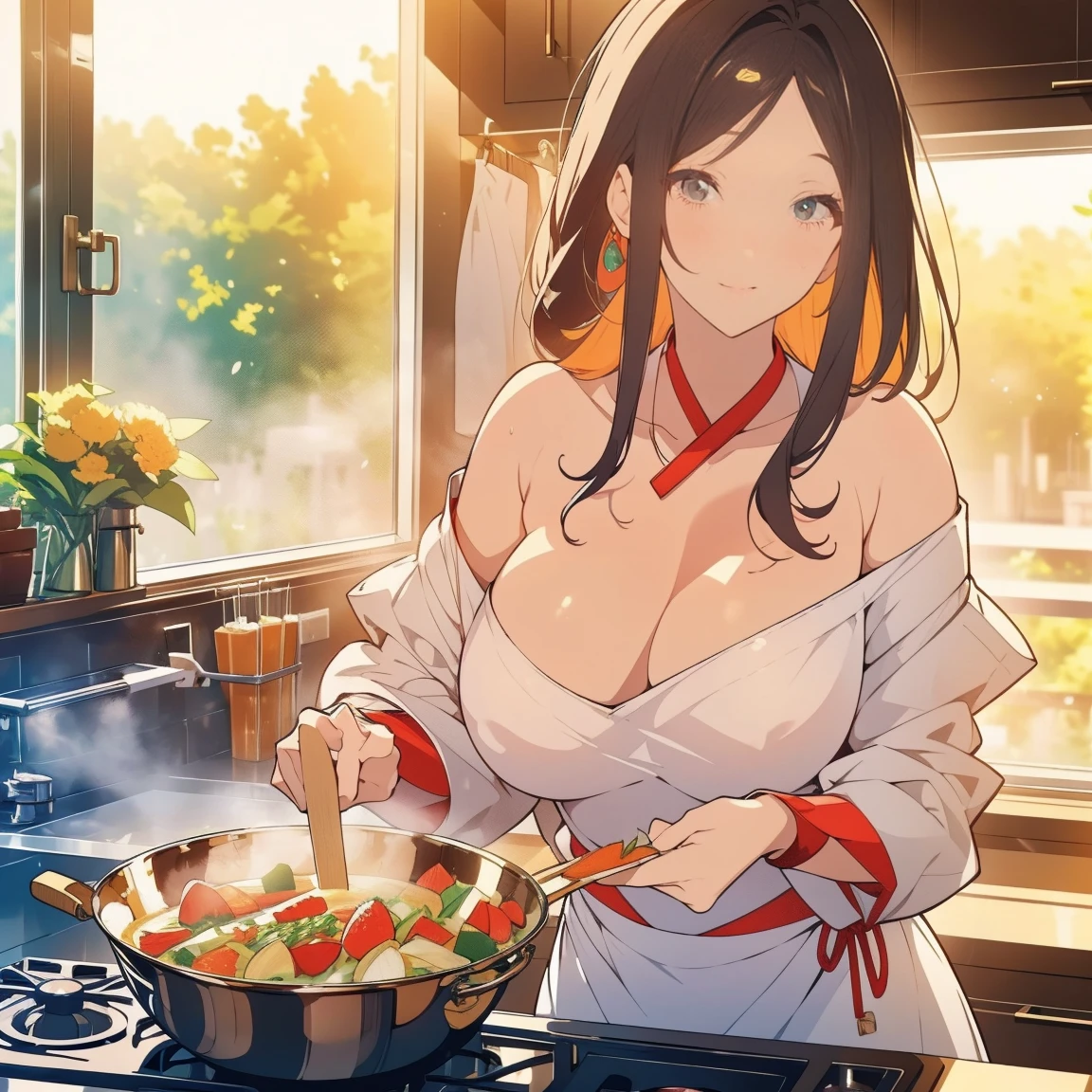 Tang Wutong, grande, wearing off-the-shoulder sweater and cotton shorts, home kitchen。,(best quality,4k,8k,highres,masterpiece:1.2),ultra-detailed,(realistic,photorealistic,photo-realistic:1.37),kitchen scene, natural lighting, vibrant colors, detailed background, Tang Wutong with beautiful almond-shaped eyes, luscious lips, and expressive facial features, long wavy hair cascading down to her waist, relaxed and confident posture, preparing a delicious meal on a granite countertop, surrounded by fresh vegetables and fruits, a bouquet of colorful flowers on the table, a pot simmering on the stove, steam rising gently, rays of sunlight streaming through the window, casting a warm glow on the scene, creating a cozy and inviting atmosphere, showcasing Tang Wutong's culinary talents and her stylish yet casual fashion sense, an elegant and modern kitchen with sleek appliances and glossy finishes, highlighting the luxurious and high-end aesthetic, creating a captivating blend of beauty, artistry, and gastronomy.