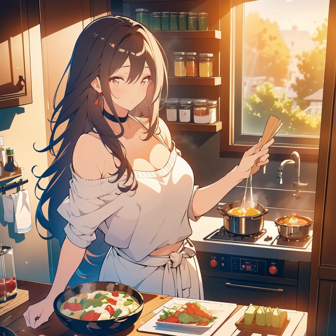 Tang Wutong, grande, wearing off-the-shoulder sweater and cotton shorts, home kitchen。,(best quality,4k,8k,highres,masterpiece:1.2),ultra-detailed,(realistic,photorealistic,photo-realistic:1.37),kitchen scene, natural lighting, vibrant colors, detailed background, Tang Wutong with beautiful almond-shaped eyes, luscious lips, and expressive facial features, long wavy hair cascading down to her waist, relaxed and confident posture, preparing a delicious meal on a granite countertop, surrounded by fresh vegetables and fruits, a bouquet of colorful flowers on the table, a pot simmering on the stove, steam rising gently, rays of sunlight streaming through the window, casting a warm glow on the scene, creating a cozy and inviting atmosphere, showcasing Tang Wutong's culinary talents and her stylish yet casual fashion sense, an elegant and modern kitchen with sleek appliances and glossy finishes, highlighting the luxurious and high-end aesthetic, creating a captivating blend of beauty, artistry, and gastronomy.