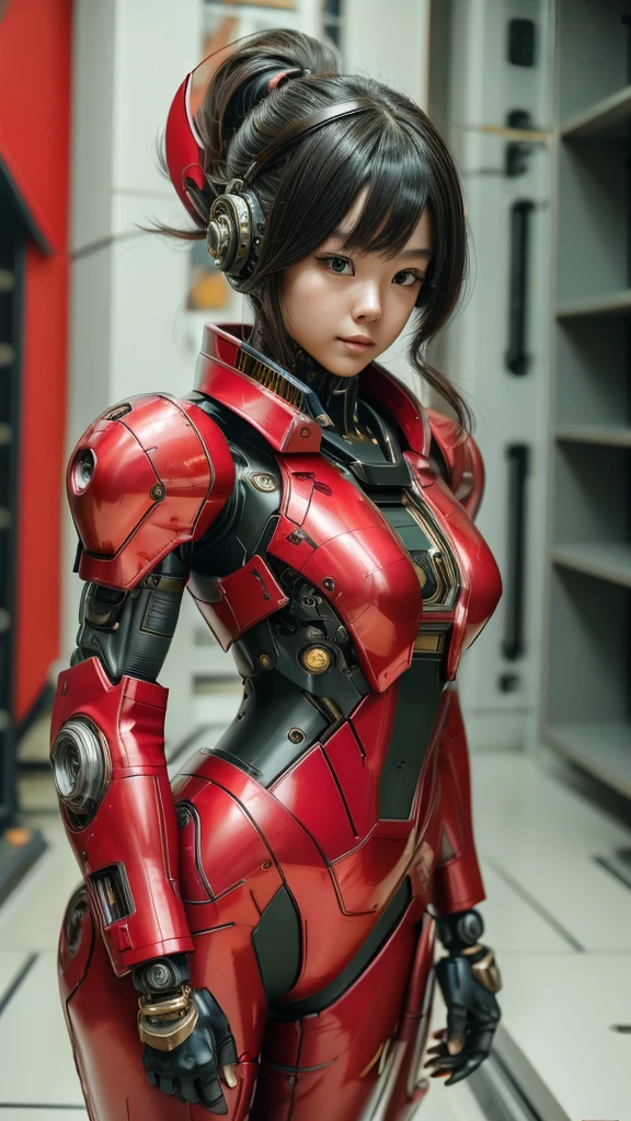 a woman in a red and black suit with a gun, girl in mecha cyber armor, female mecha, by Russell Dongjun Lu, [ trending on cgsociety ]!!, cgsociety and fenghua zhong, cyborg girl, perfect anime cyborg woman, lady in red armor, cute cyborg girl, beautiful female android!, by Jeremy Chong, japanese cyborg