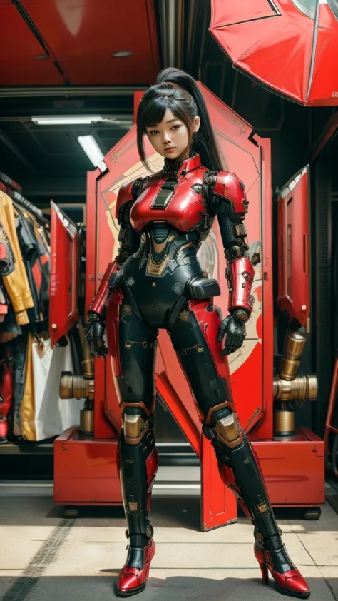 a woman in a red and black suit with a gun, girl in mecha cyber armor, female mecha, by Russell Dongjun Lu, [ trending on cgsoci...