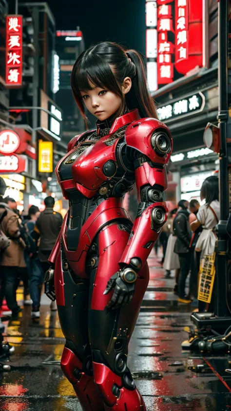 a woman in a red and black suit with a gun, girl in mecha cyber armor, female mecha, by Russell Dongjun Lu, [ trending on cgsoci...