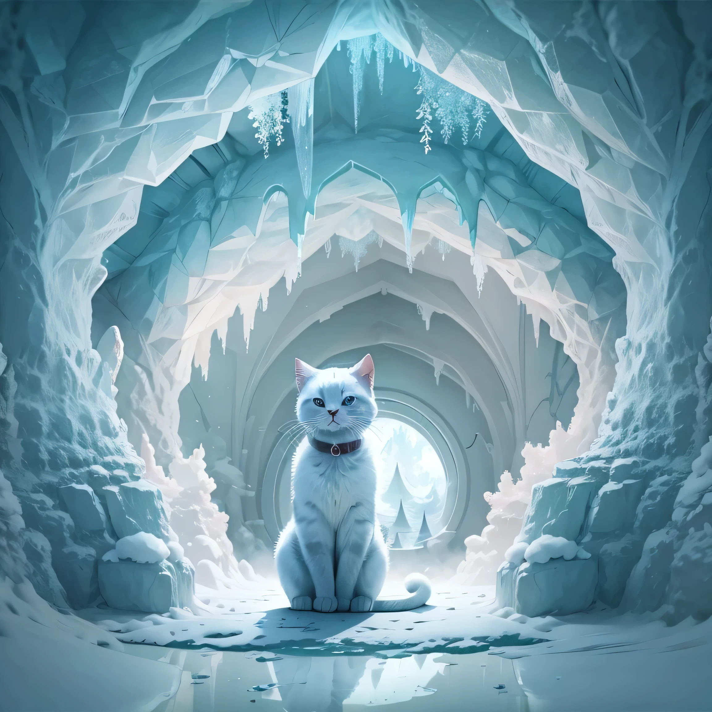 Sitzen in einer gefrorenen Höhle、Reflektierende weiße Katze von Arafed, Elektrische Katze fliegt über Eis, Schneehöhle, Hochdetaillierte digitale Kunst in 4K, Neue Katzenfilme, Fantasie-Matte-Painting，Niedlich, Detaillierte digitale Kunst in 4K, Symmetrischer Mattlack, Katze aus der Leere, 3D-Rendering und Matte Painting, Planet der Katzen, im Iglu