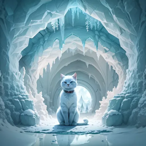 Sitting in a frozen cave、Reflective white cat from Arafed, Electric cat flying on ice, Snow cave, Highly detailed digital art in...