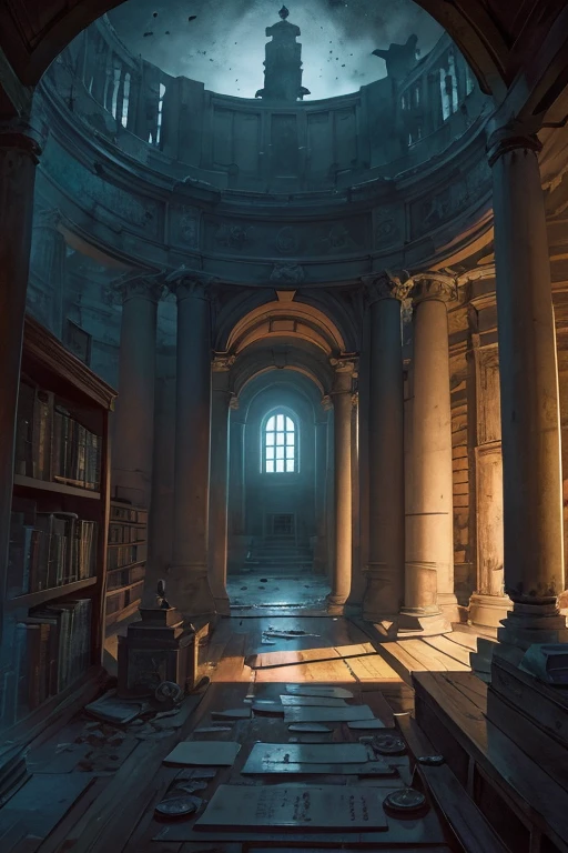 very tall library rotunda with walls covered by shelves, ancient ((scrolls)), ((dark at night)), old, delapidated, ruin, frog perspective
