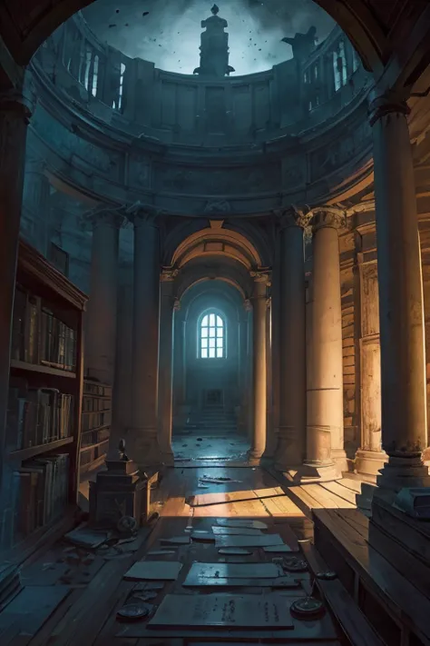 very tall library rotunda with walls covered by shelves, ancient ((scrolls)), ((dark at night)), old, delapidated, ruin, frog pe...