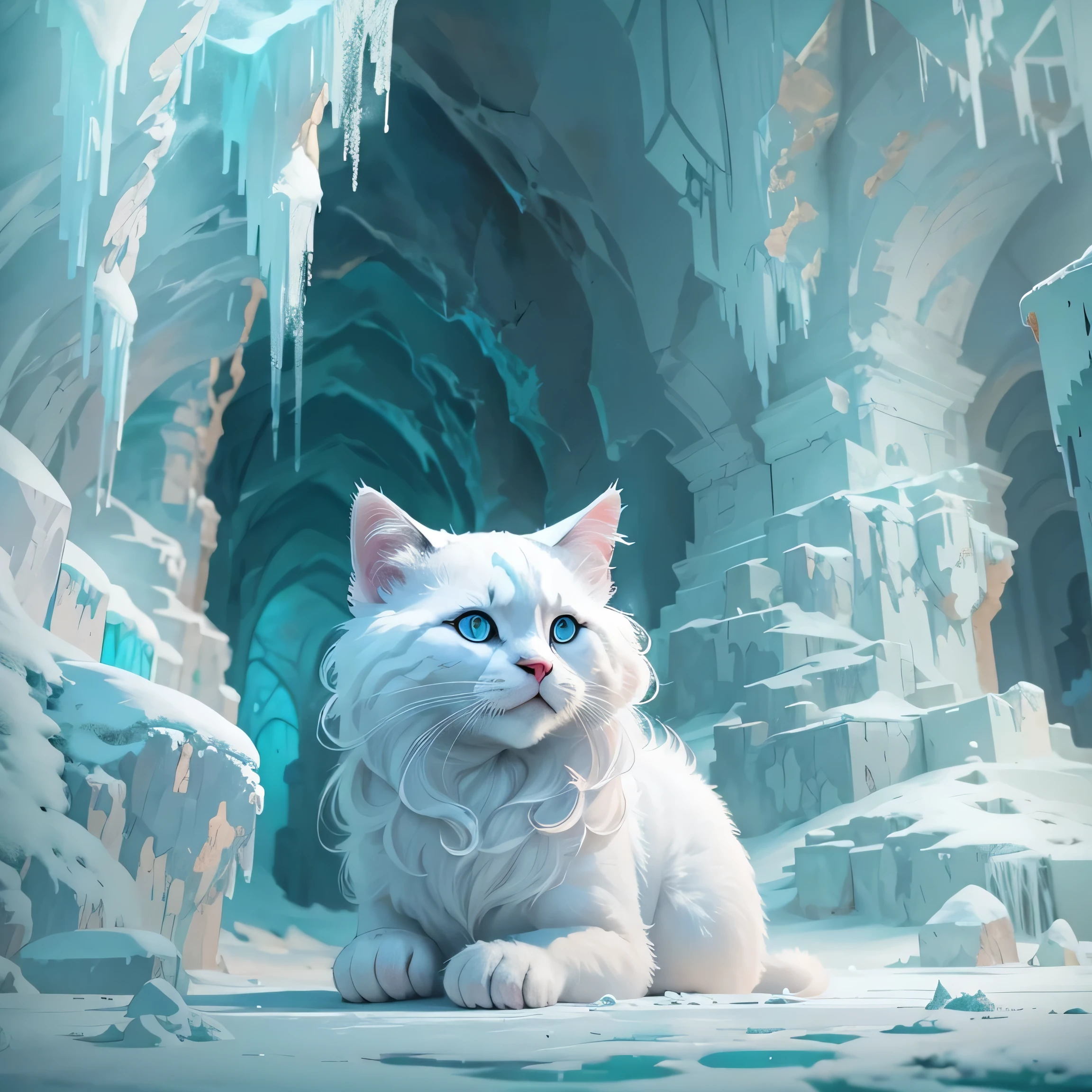 Assis dans une grotte gelée、Chat blanc réfléchissant d&#39;Arafed, Detailed matte painting inspired by Jean-Léon Gérôme, gagnant du concours Shutterstock, art de la fourrure, Chat électrique volant sur la glace, grotte de neige, Art numérique très détaillé en 4K, Nouveaux films de chats, peinture mate fantastique，mignon, Art numérique détaillé 4k, Peinture mate symétrique