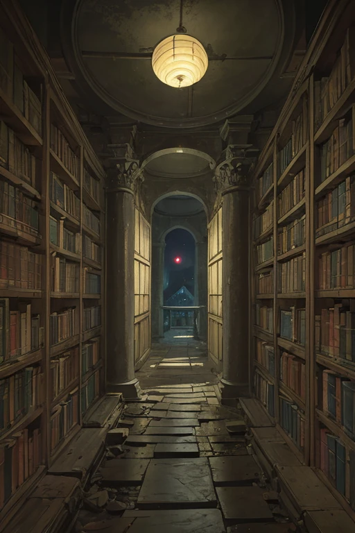 very tall narrow library rotunda with walls covered by shelves, ((ancient scrolls)), ((dark at night)), old, delapidated, ruin, frog perspective
