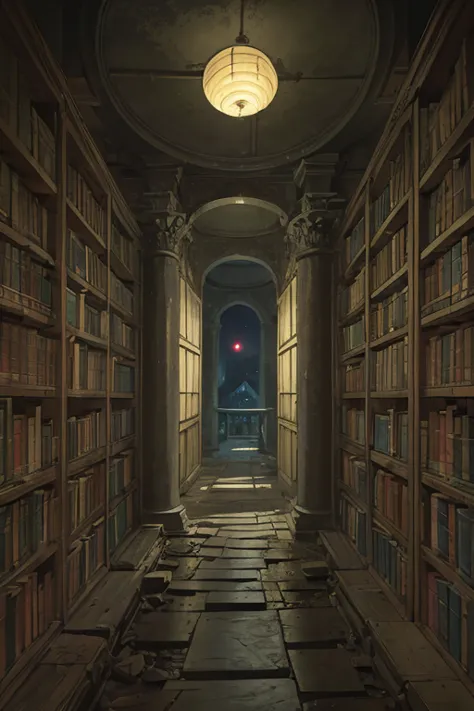 very tall narrow library rotunda with walls covered by shelves, ((ancient scrolls)), ((dark at night)), old, delapidated, ruin, ...