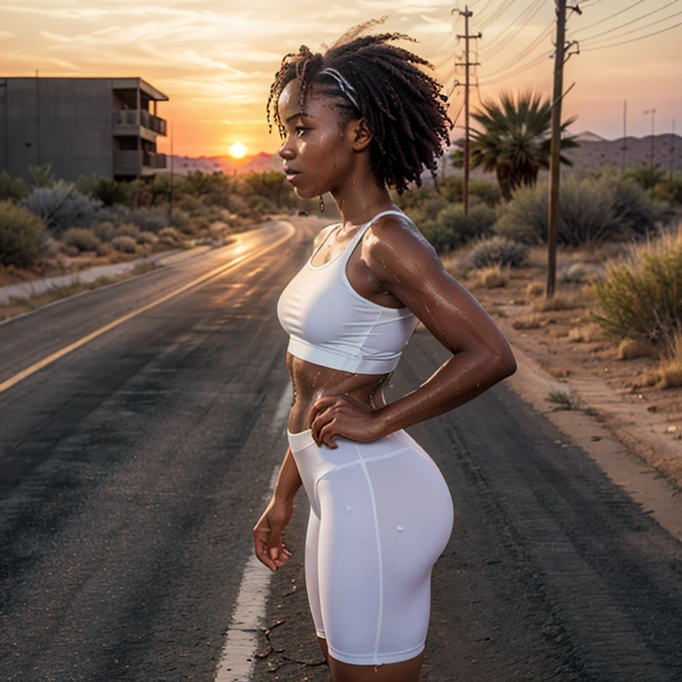 (best quality:1.5), (hyper-realistic:1.5), (masterpiece:1.2), 22 year old toned zimbabwean woman, curly short blonde haired, brown eyed, ebony skin, wet oily body, sweaty soaked hair, white tight spandex shirt, white tight spandex short pants, walking outside in a desertic road, sunset red sky scenery, small ass, front view, toned abs, toned arms, toned legs