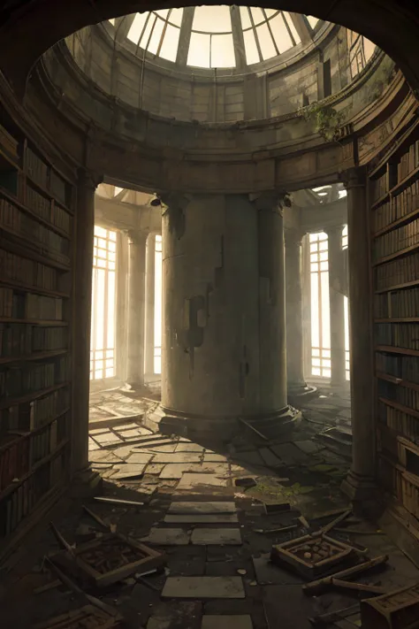 very tall narrow library rotunda with walls covered by shelves, ((ancient scrolls)), ((dark)), cold, old, delapidated, ruin, fro...