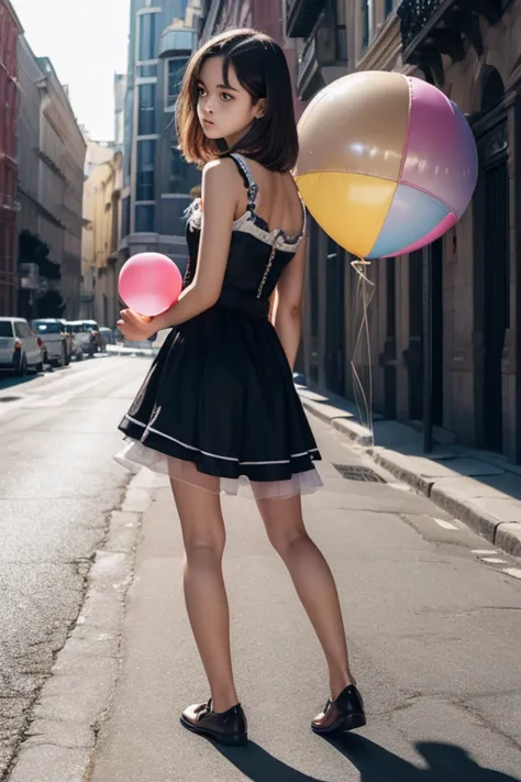 ((holding a ballon)), (((full body))), real photo, 14 years old girl, brat female , ((looking back at me)), dress shoes,