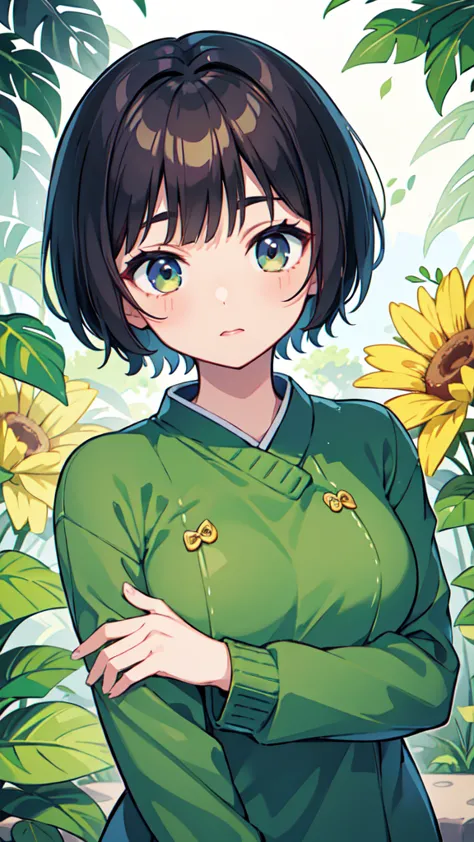 arafed asian woman with short hair and a green sweater, young adorable korean face, portrait of female korean idol, beautiful yo...