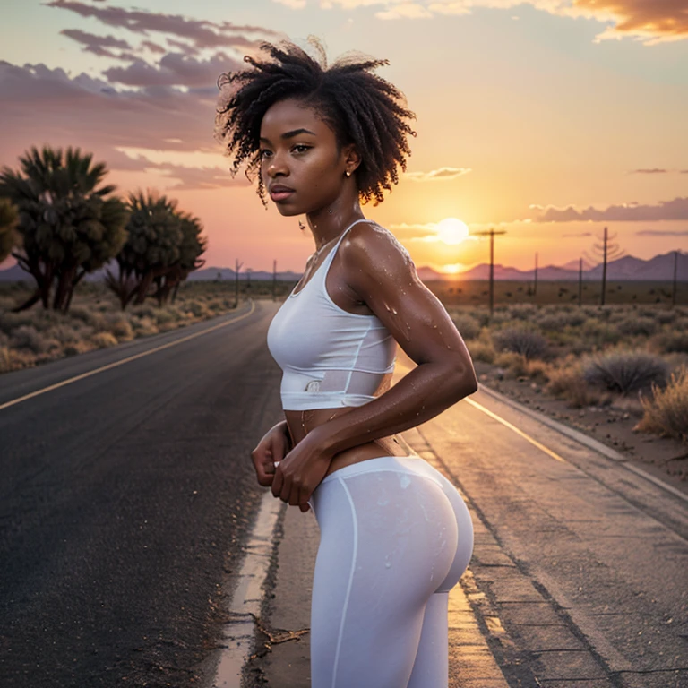 (best quality:1.5), (hyper-realistic:1.5), (masterpiece:1.2), 22 year old toned zimbabwean woman, curly short blonde haired, brown eyed, ebony skin, wet oily body, sweaty soaked hair, white tight spandex shirt, white tight spandex short pants, walking outside in a desertic road, sunset red sky scenery, small ass, front view, toned abs, toned arms, toned legs