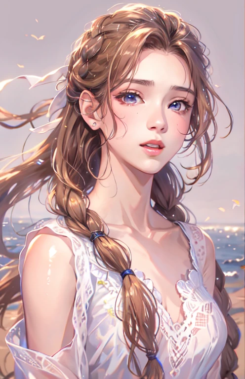 ((highest quality)), ((masterpiece)), (Get used to it), masterpiece、highest quality、High resolution、High-quality images、8k, 1 female、Skin Radiance、Texture of skin and clothing、Expression of fine eyes、Shiny light light brown hair,Girl with long braided hair, Manga inspired by Lee Jong-suk, Trending on deviantart, realism, detailed manga style, Manga art style, Perfect Line Drawing, Beautiful line art, digital manga art girl, K-POPアイドル, Perfect Face , Adult female , Ariel , In the beautiful sea ,