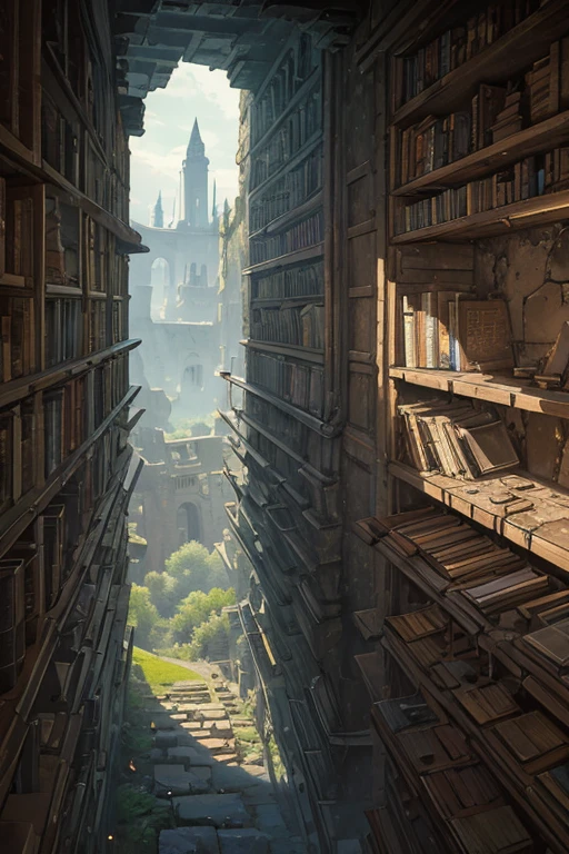 a dark long narrow vertical stone well covered with shelves, ((ancient magical scrolls)) on the shelves, old, delapidated, ruin, low POV, looking up