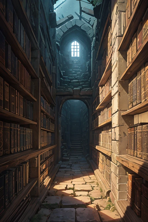 a dark long narrow vertical stone well covered with shelves, ((ancient magical scrolls)) on the shelves, old, delapidated, ruin, low POV, looking up