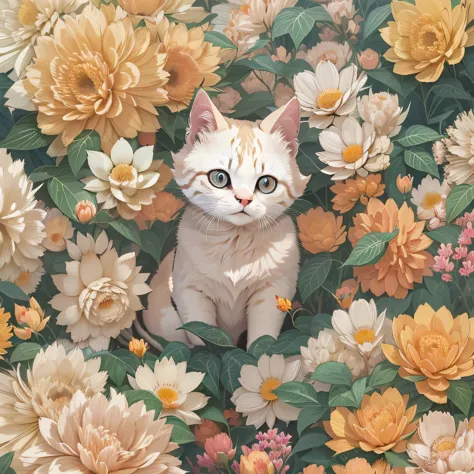 there is a Cat that is sitting in the flowers, Vector art inspired by Cyril Rolland, pixiv Contest Winner, fur art, In the style...