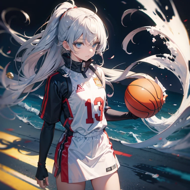 1 girl standing, Wearing a basketball jersey, Very detailed, real, holding ball, 27 years, long hair