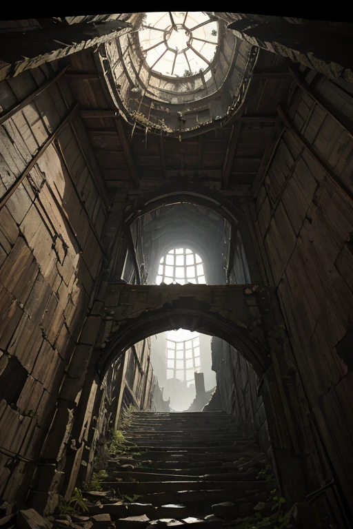 dentro de uma antiga torre delapidada, ((escuridão)), olhando pra cima, POV