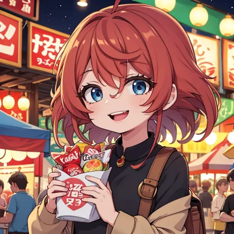 lively night market. the woman is wearing casual clothes, carry snacks, her face is full of joy and contentment.