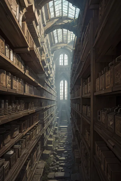 inside of an old delapidated tower, ((darkness)), looking up, POV, shelves full of ancient parchments and scrolls