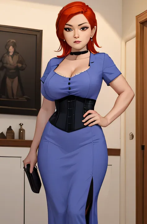 Gwen Tennyson. red hair. choker. huge saggy breasts. Huge hips. nurse dress. corset