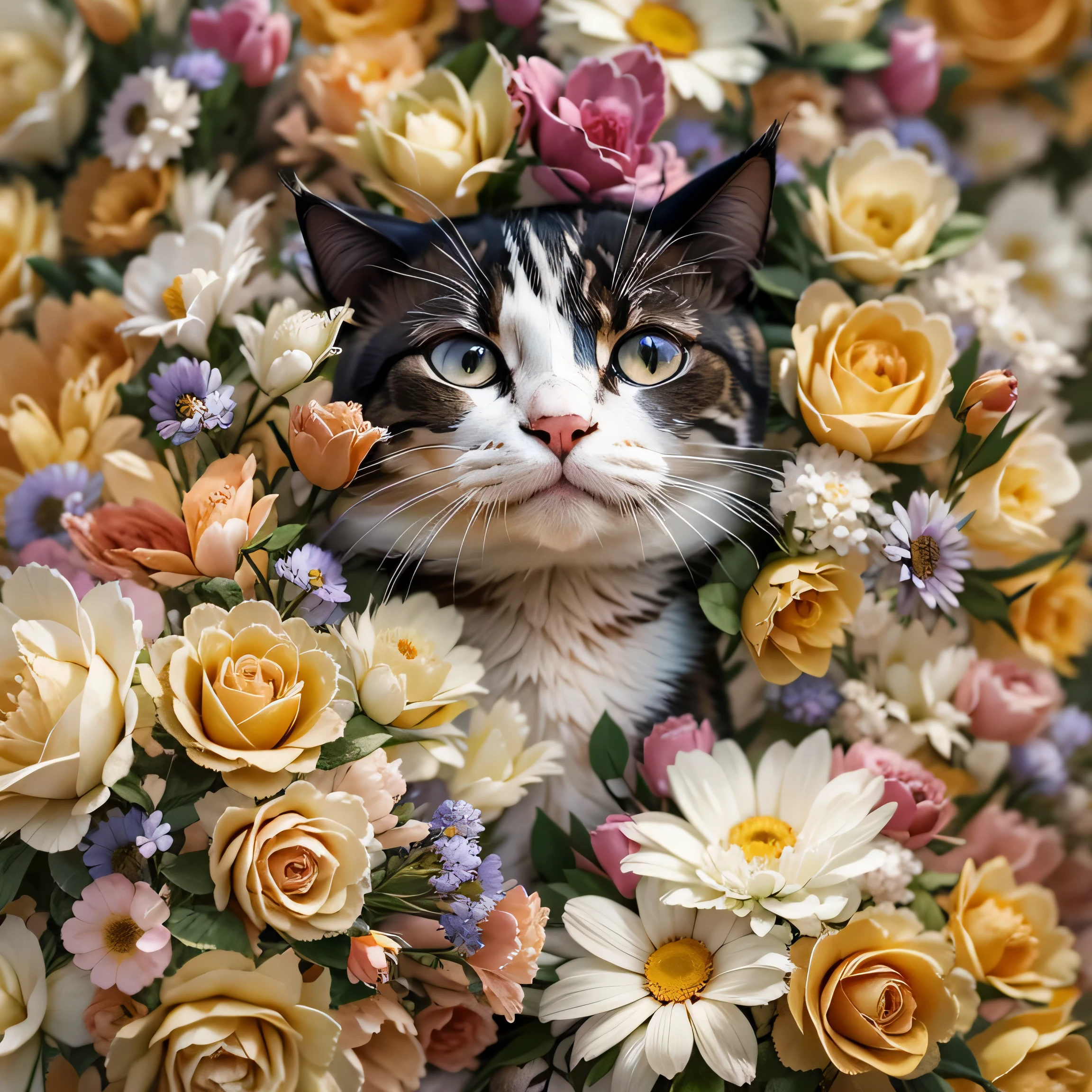 A cat is hiding in the bouquet, Covered with flowers, Lots of flowers, Covered with flowers, Flowers bloom on the heir&#39;s cheeks, surrounded flower, beautiful cat, Surrounded by flowers, Portrait of a flower storm, made of flowers, Flower face, Close-up portrait, decorate with roses, beautiful flower, Cats and plants, adorned with flowers, Cat photography