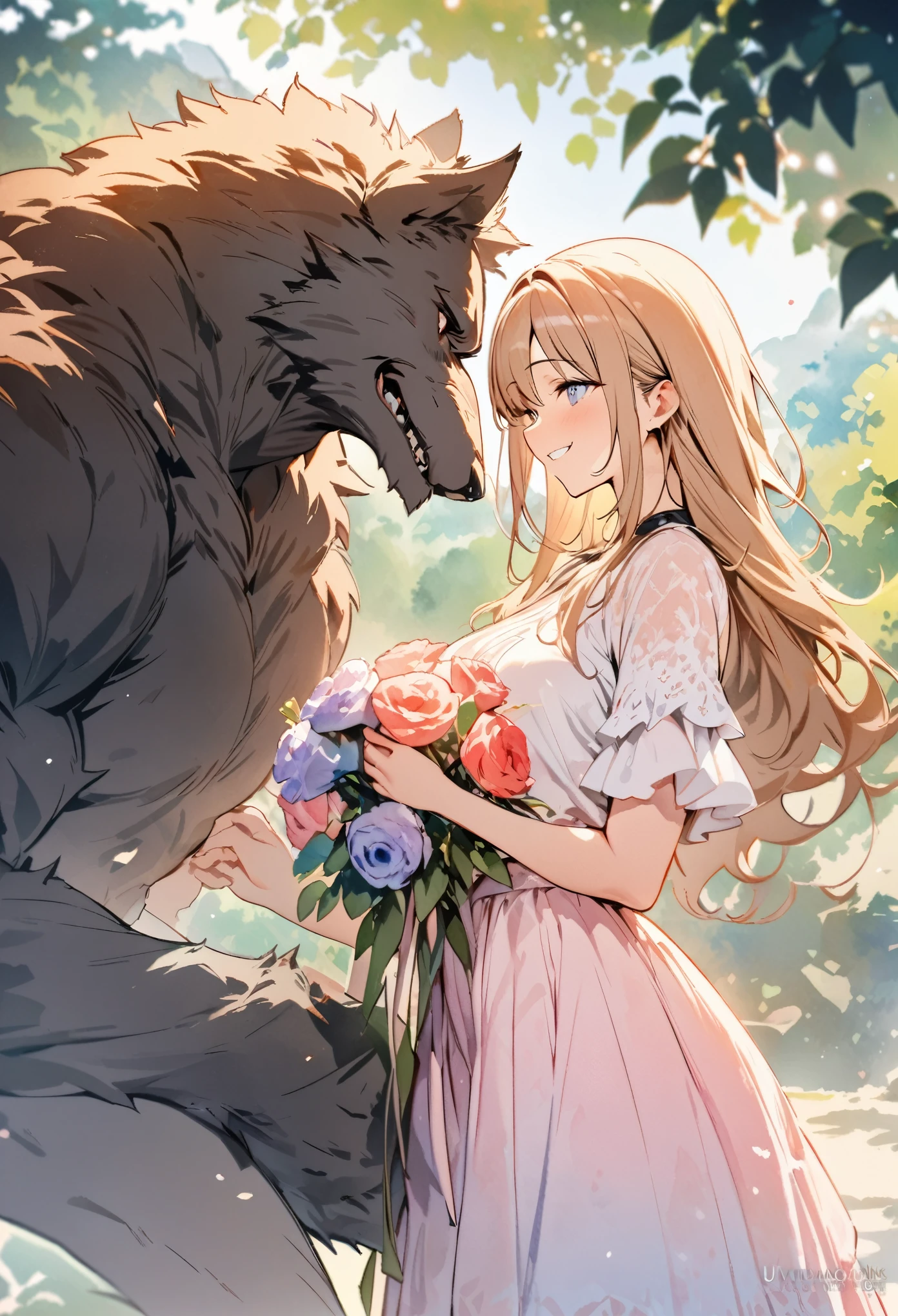 Anime girl with long hair and a dress holding flowers next to a wolf -  SeaArt AI