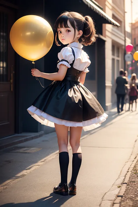 ((holding a ballon)), (((full body))), real photo, 11 years old girl, Brat female , ((looking back at me)), dress shoes,