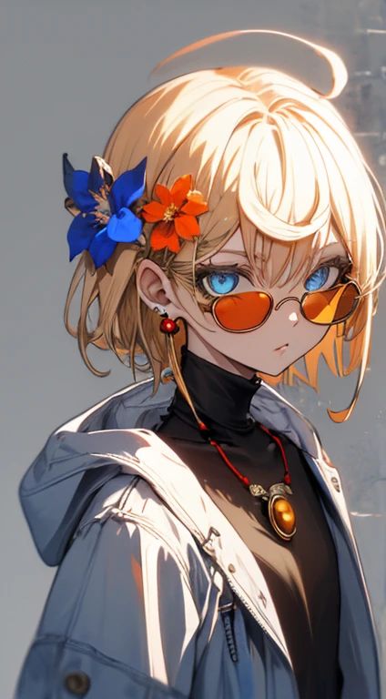 , (masterpiece:1.2), best quality,midjourney,
solo, tinted eyewear, jewelry, hair ornament, looking at viewer, black background, 1girl, short hair, blue eyes, earrings, simple background, flower, upper body, hair flower, orange-tinted eyewear, sunglasses, necklace, jacket, closed mouth, floral print, bangs, blonde hair, white hair, makeup, round eyewear, piercing