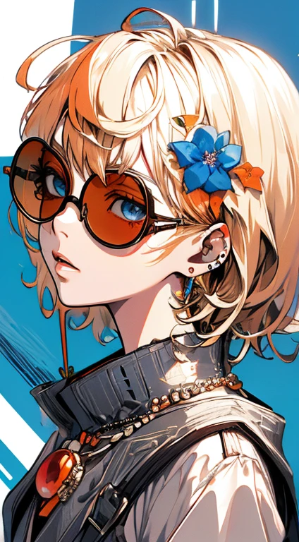 , (masterpiece:1.2), best quality,midjourney,
solo, tinted eyewear, jewelry, hair ornament, looking at viewer, black background, 1girl, short hair, blue eyes, earrings, simple background, flower, upper body, hair flower, orange-tinted eyewear, sunglasses, necklace, jacket, closed mouth, floral print, bangs, blonde hair, white hair, makeup, round eyewear, piercing