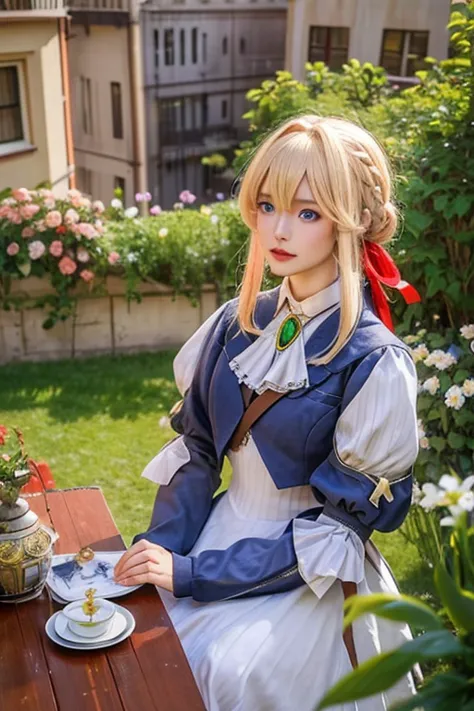 one girl, (((tabletop, highest quality))),(realistic, realistic), violet_evergarden, cowboy shot, blonde,braiding, red hair ribb...