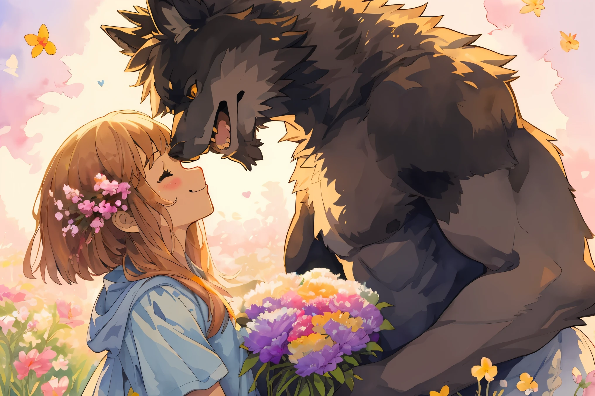 Anime girl and a wolf with flowers in a field - SeaArt AI