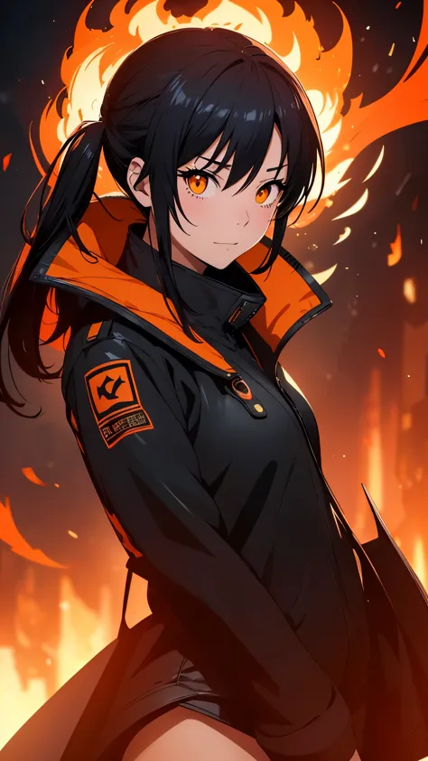 tamaki kotatsu from fire force, a beautiful girl in her late teens with a model-like appearance. she has a slim figure with long...