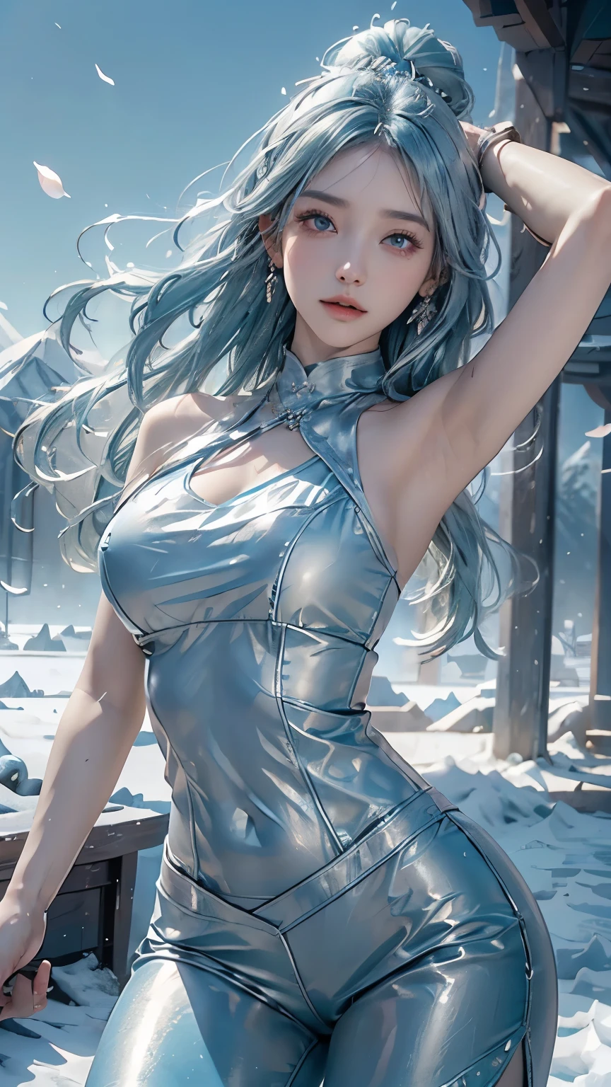 (logo、masterpiece、8k、Tabletop、RAW Photos、wonderful、最high quality、Photorealistic and very detailed CG synthesis 8k wallpaper、high quality、Very detailed、Narrative poem、Particle Effects、Dynamic Effects、Depth of text、Cinematic Light、Lens flare、Ray Tracing）、Fantasy、（1 beauty、Light blue hair、Beautiful Face、Real Face、Detailed eyes、Beautiful Skin、woman dancing gracefully:1.7、woman dancing gracefully:1.7)、windになびく髪、髪弾む髪がwindに舞う、Hair Jump、Light blue halter top、Light blue leather pants suit、Light blue leather jacket、Silver Earrings、night、wind、darkness、Snow and hoarfrost、Frozen Winter Day、snow-capped mountains and forests、hoarfrost、Snow-capped mountain々、The beauty and brilliance of frost-covered trees、Silent and beautiful grasslands in a world of ice and snow、vast land、Lakeside、wonderful view、美しい自然のwindの景色、Night Sky、wind、cherry blossoms、cherry blossomsの花びらが舞っている、cherry blossoms snowstorm、Falling petals