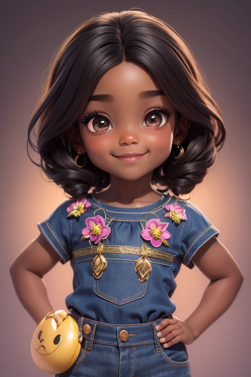 chibi 1 african children dark brown skin:5, Sorriso fofo, sentado ((corpo todo))) "various emotions" sombras realistas, olhos brilhantes, pele detalhada, olhos castanhos esverdeados ligeiramente brilhantes, pose para foto, cabelo preto longo e encaracolado, flores no cabelo, estilo rapunzel, Muito detalhado, rosto 8k altamente detalhado, formato de rosto perfeito, perfect full lips, nariz perfeito, olhos lindos e corretos, atento, vestido de casamento: 3.45, flores de cabelo, obra de arte , melhor qualidade, solteiro, jeans, sozinho, Advanced Chibi