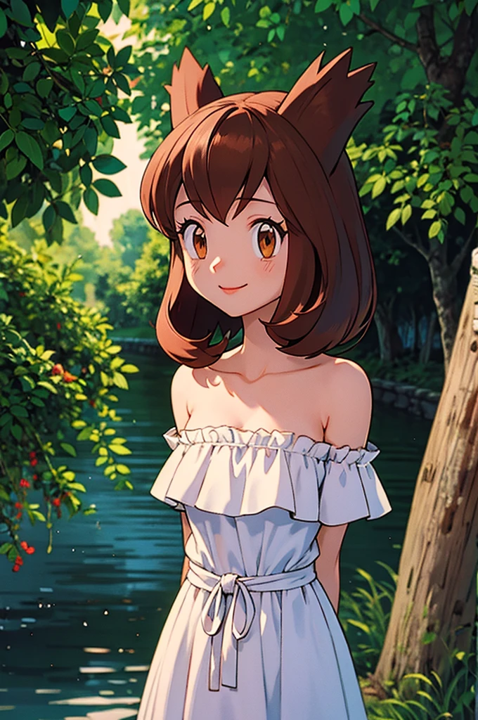 masterpiece, best quality, ultra-detailed, illustration, beautiful detailed eyes, very detailed illustration, cinematic lighting, 1 girl, solo, Pokemon Heroes (Bianca), Brown Hair, brown eyes, bare shoulders, strapless, off shoulders, white ruffle off the shoulder maxi dress, intricate details, sharp focus, high resolution, the background of beautiful garden with a forest, rose bushes, on a beautiful night, crescent moon, smile, standing near a lake, arms behind back, anime style, ultra-detailed, hdr, far at the bottom, in the center, Close up
