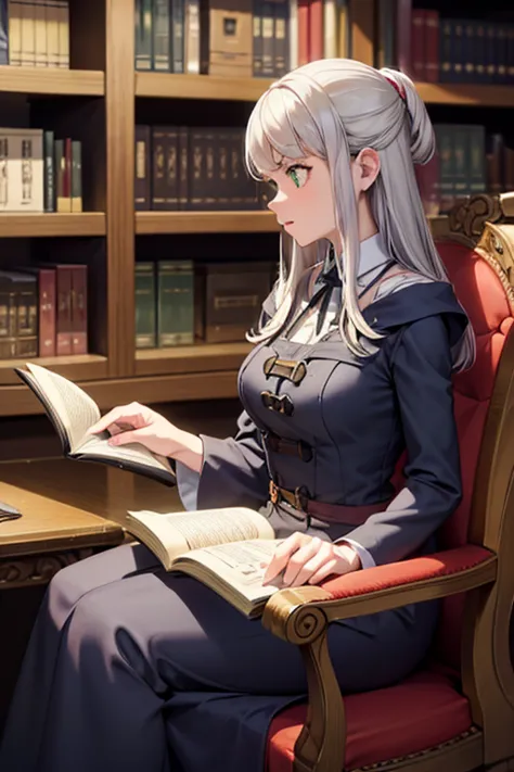 a young silver haired female witch with green eyes and an hourglass figure in a conservative victorian dress is reading in the l...