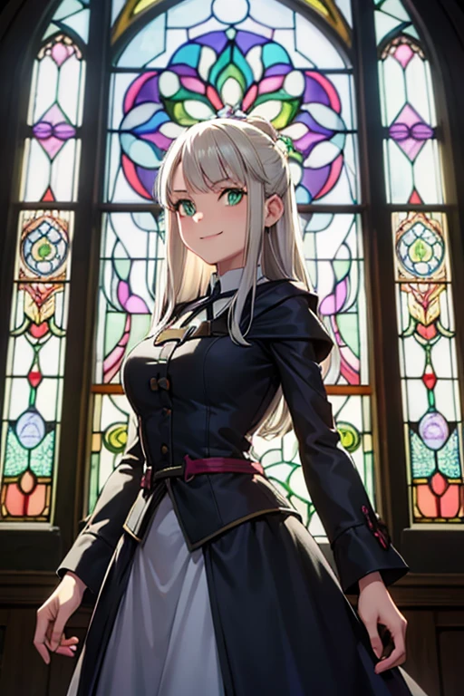 A young silver haired female witch with green eyes and an hourglass figure in a conservative Victorian dress is smiling in front of a stain glass window