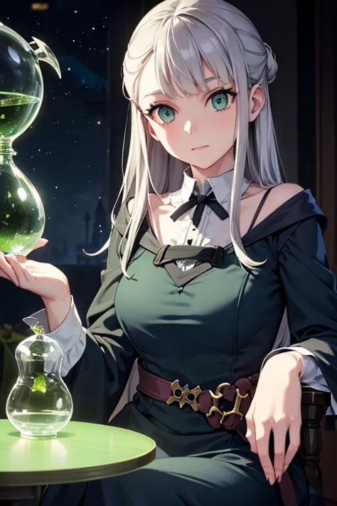 a young silver haired female witch with green eyes and an hourglass figure in a conservative victorian dress is playing with  a ...