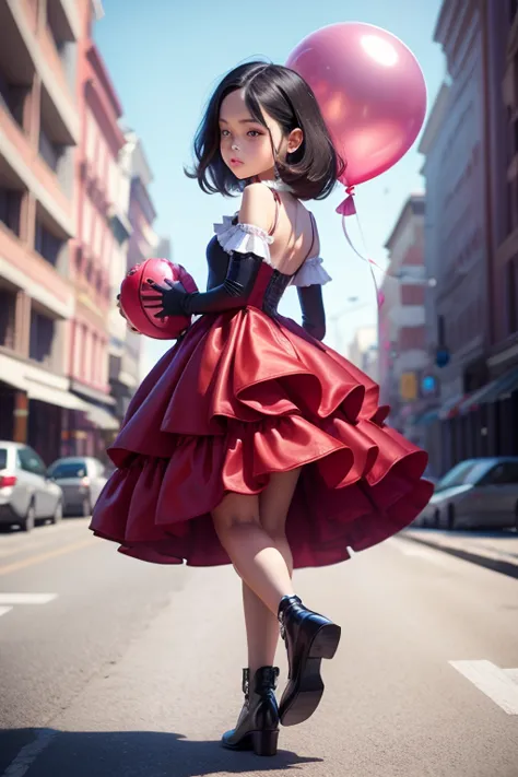 ((holding a ballon)), (((full body))), real photo, 9 years old girl, Brat female , ((looking back at me)), long glove, red dress...