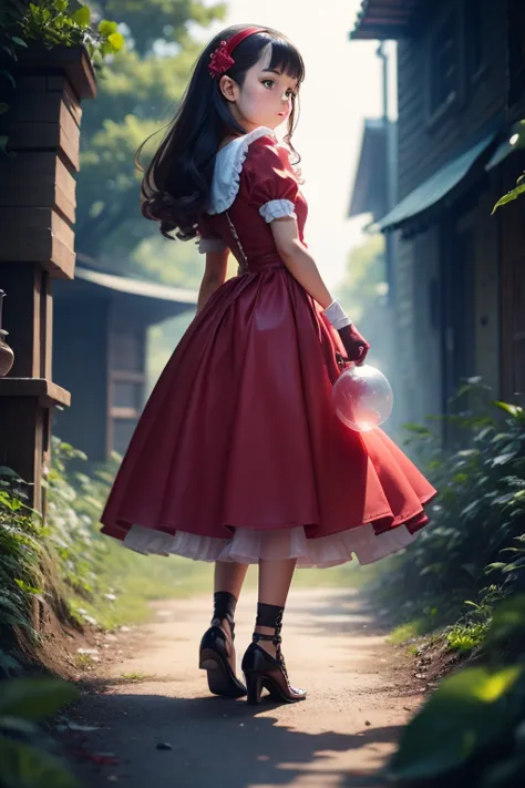 ((holding a ballon)), (((full body))), real photo, 9 years old girl, brat female , ((looking back at me)), long glove, red dress...