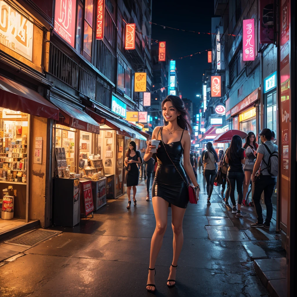 (best quality,4k,8k,highres,masterpiece:1.2),ultra-detailed,(realistic,photorealistic,photo-realistic:1.37),super cute girl,leaving the club,morning,hung over,way too small dress,torn hose,morning hair,early dawn,streets of Bangkok,soft sunlight,bokeh,cheerful expression,long eyelashes,slightly disheveled hair,streetlights illuminating the road,dazzling neon lights on buildings,urban atmosphere,fashionable makeup,end of a fun night, vibe,dreamy color palette,graffiti-covered walls,bustling city ambiance,caffeine in hand,carrying heels,smiling tiredly,blurred motion on the street,stylish accessories,exciting night out,enjoying the city at dawn,serene yet energetic surroundings,enticing nightlife,confident stride,energetic atmosphere,vibrant city life,lively streets,feet sore from dancing,mischievous glint in her eyes,enigmatic aura,warm city breeze,stylish handbag,unforgettable memories,carefree spirit,understated elegance,unique fashion sense,mixed emotions,urban chic look,unconventional beauty,alluring charm,moment of tranquility in the bustling city(urban,abstract:0.9),city exploration.