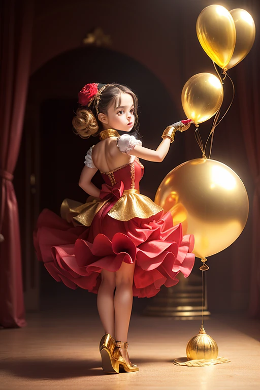 ((holding a gold ballon)), (((full body))), real photo, 9 years old girl, Brat female , ((looking back at me)), long glove, red dress shoes,