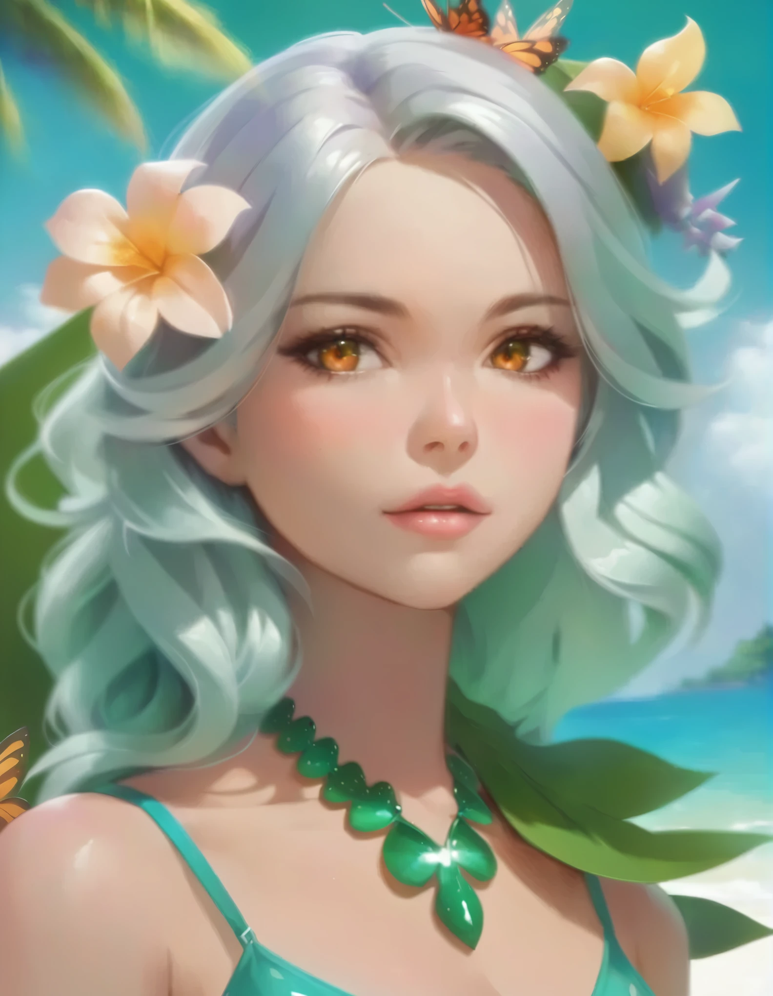 Woman with blue hair and butterflies in her hair, ArtJam. Anime illustration, Fantasy art style, Detailed digital anime art, ArtJam. Attention to detail, Gweiz style artwork, Smooth anime CG art, ArtJam on artstation pixiv, extremely detailed ArtJam, Up to the model | ArtJam, digital Anime illustration