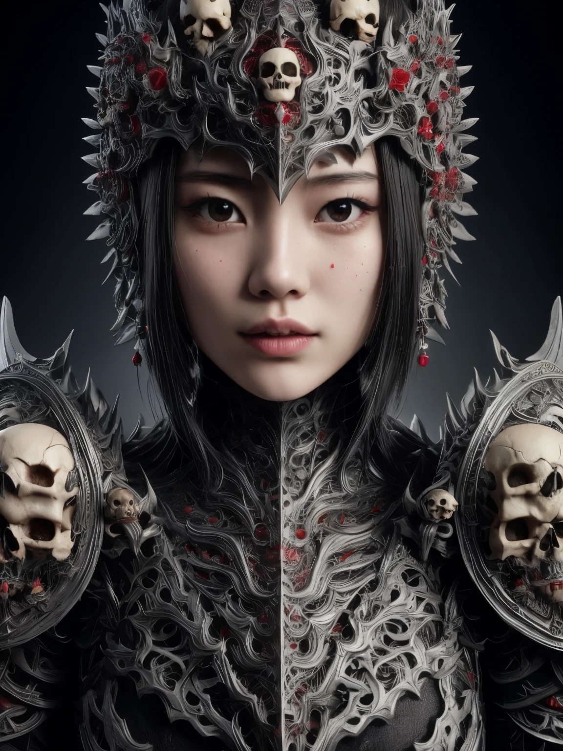 Hyper-realistic portrait of a Japanese girl wearing skull-inspired armor, intricate and detailed design, close-up, shallow depth of field, dramatic lighting, high resolution, accurate representation, unique, creative, well-lit, clear details, Canon EOS R5, 85mm lens, f/1.2, powerful, elegant, sophisticated, well-composed, unique pose, neutral color tones, refined