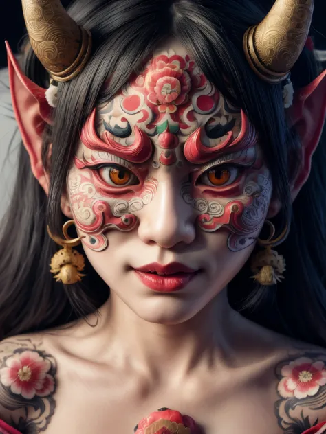 hyper-realistic portrait of a japanese girl wearing a hannya mask, intricate and detailed design, close-up, shallow depth of fie...