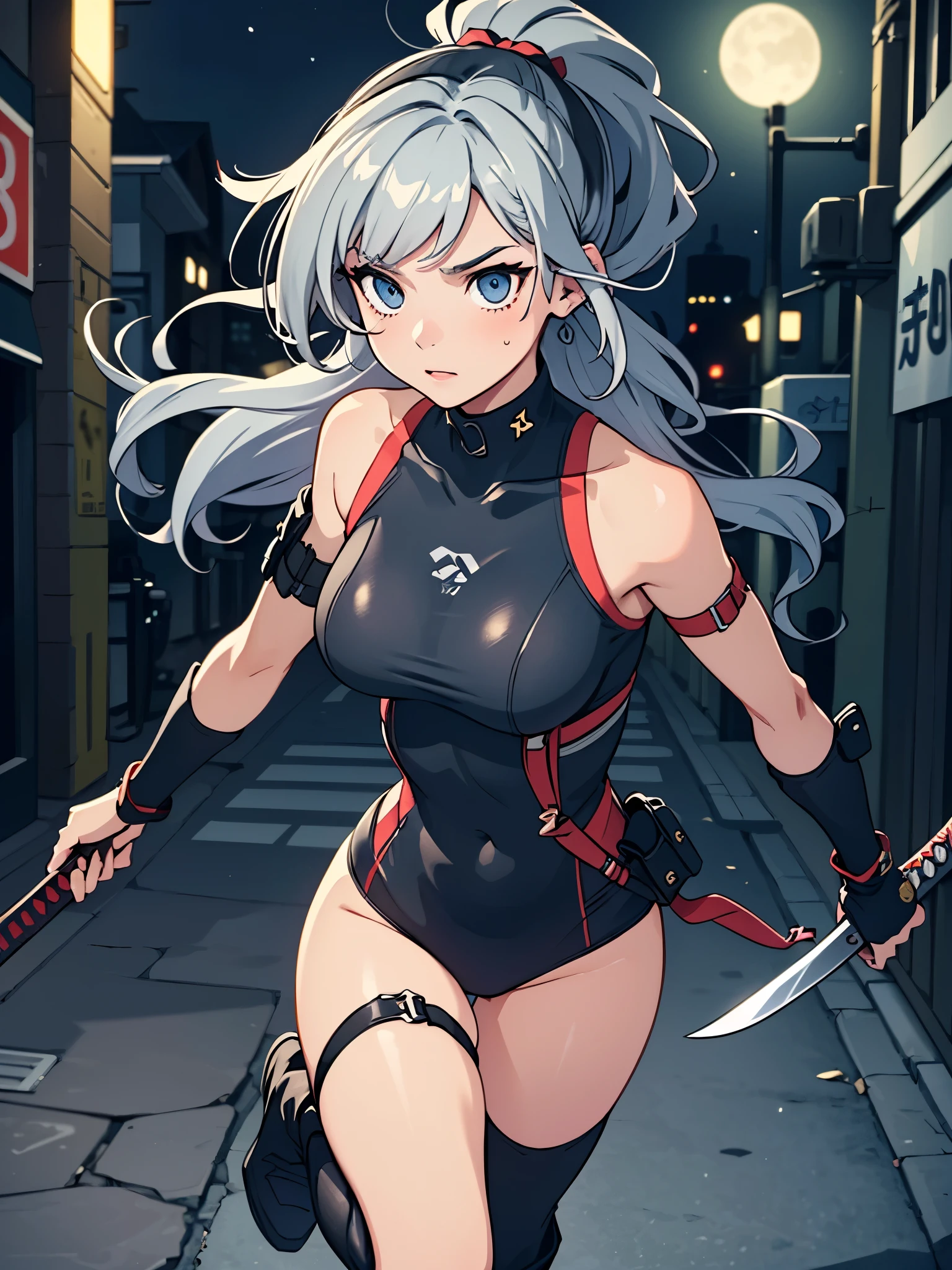 masterpiece, best quality, 1girl, grey hair, shoulder length hair, wavy hair, black hairband, auburn eyes, beautiful detailed eyes, beautiful detailed face, cute face, stoic, professional, ninja, black leotard, black tactical gloves, bare legs, gold bracelets, black thigh-high boots. (using katana blade). cityscape, night, noir atmosphere, full body portrait.