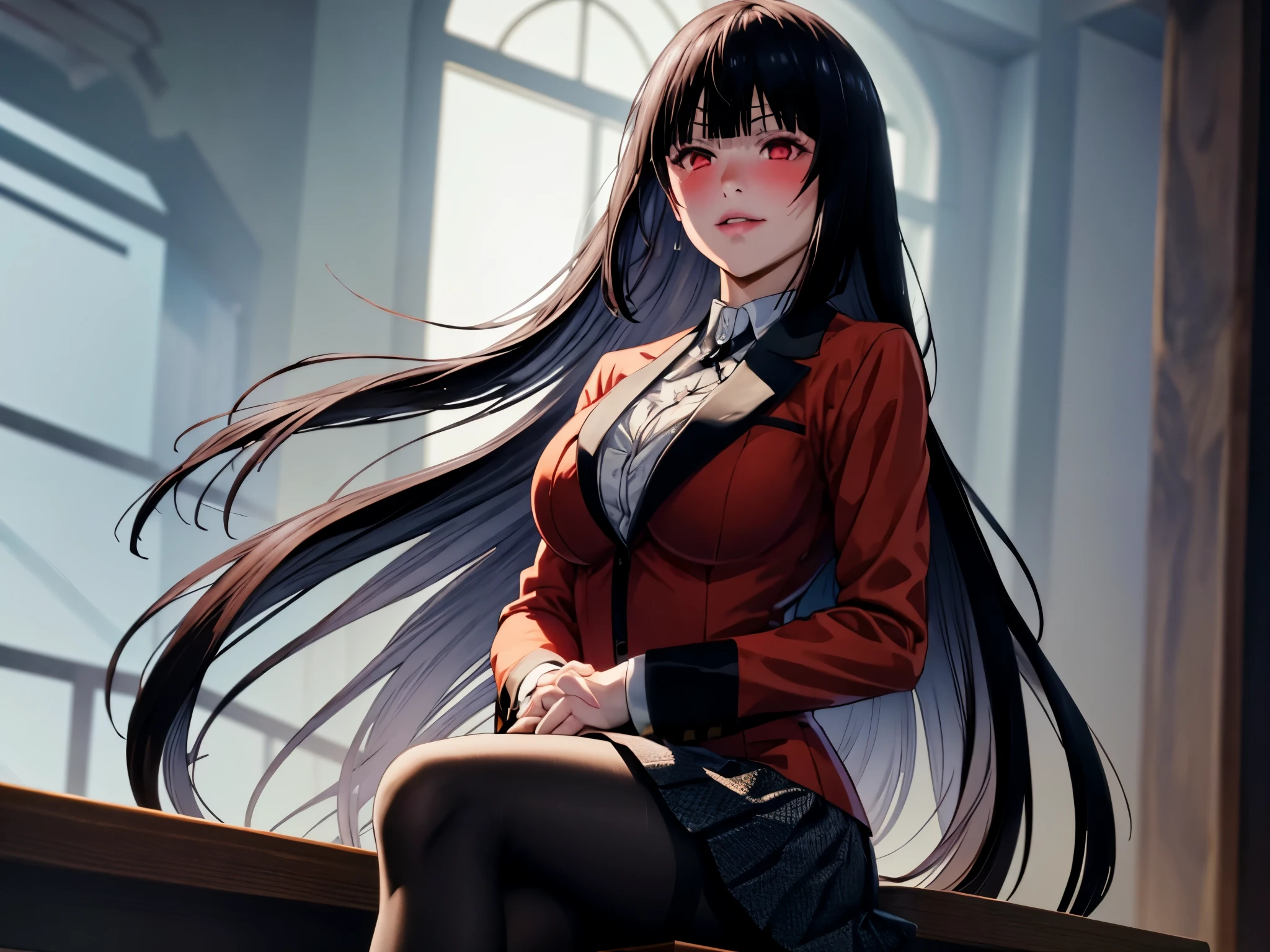 Anime girl with long black hair sitting on a ledge - SeaArt AI