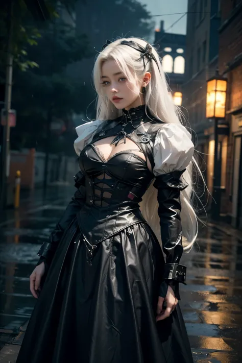 Amber Heard,white hair,My hair is very long.,wear a dress ((Hi-tech Gothic Lolita outfit)),((cybernetic body)),She is at a gothi...